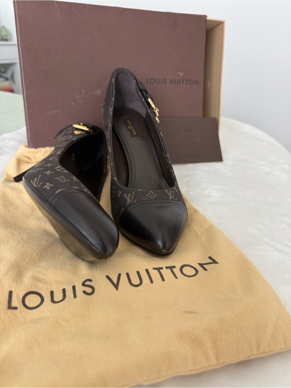Louis Vuitton Brown Monogram Pointed Toe Heels with Gold Buckle